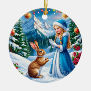 Ornamento De Cerâmica Donzela de Neve em Cena de Floresta Invernal Com c