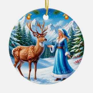 Ornamento De Cerâmica Donzela de Neve Encantando Cena de Inverno