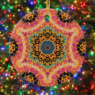 Ornamento De Cerâmica Dot Mandala Azul Rosa Preto e Amarelo
