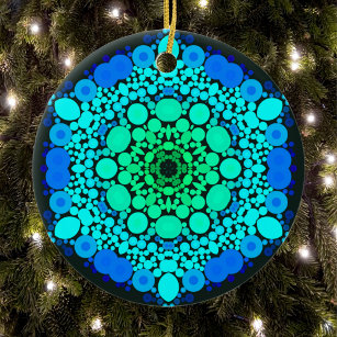 Ornamento De Cerâmica Dot Mandala Flor Azul e Verde