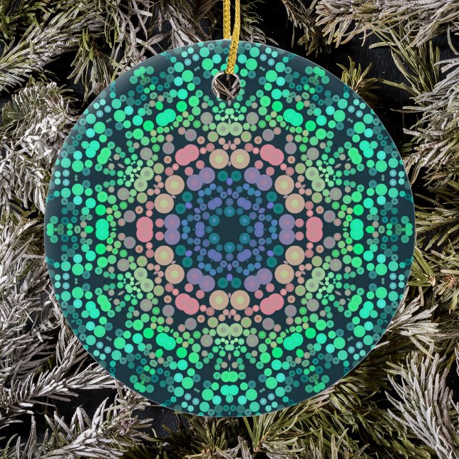 Ornamento De Cerâmica Dot Mandala Flor Azul Verde e Rosa (Criador carregado)