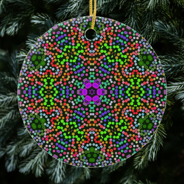Ornamento De Cerâmica Dot Mandala Flor Verde Roxo e Laranja (Criador carregado)