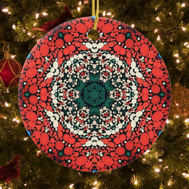 Ornamento De Cerâmica Dot Mandala Red White Blue e Green (Criador carregado)