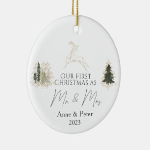 Ornamento De Cerâmica Dourada Elegante Aquarela Primeiro Natal Casado