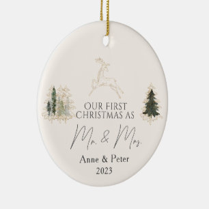 Ornamento De Cerâmica Dourada Elegante Aquarela Primeiro Natal Casado