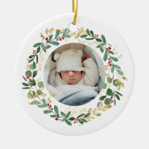 Ornamento De Cerâmica Dourada Folhagem Bebê Primeiro Natal Rosa