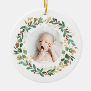 Ornamento De Cerâmica Dourada Foliage Wreath   Bebê Primeiro Natal Moder
