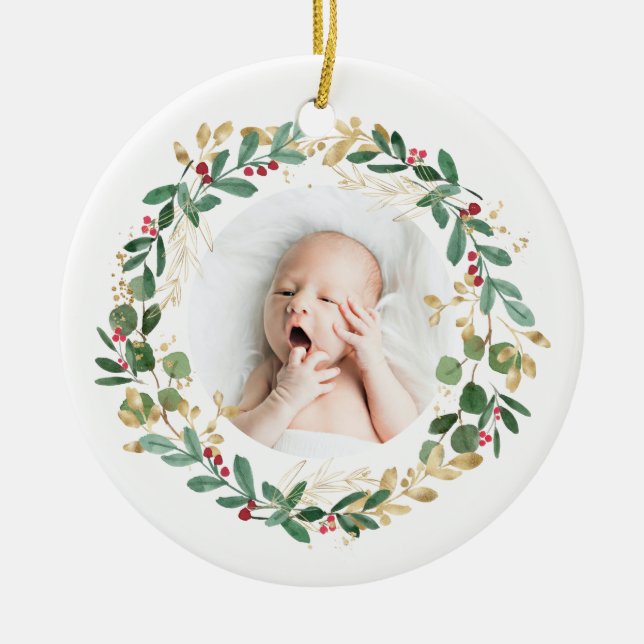 Ornamento De Cerâmica Dourada Foliage Wreath | Bebê Primeiro Natal Moder (Frente)