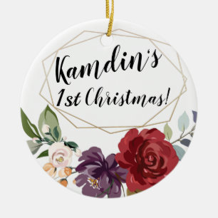 Ornamento De Cerâmica Dourada geométrica  das rosas brancas personalizad