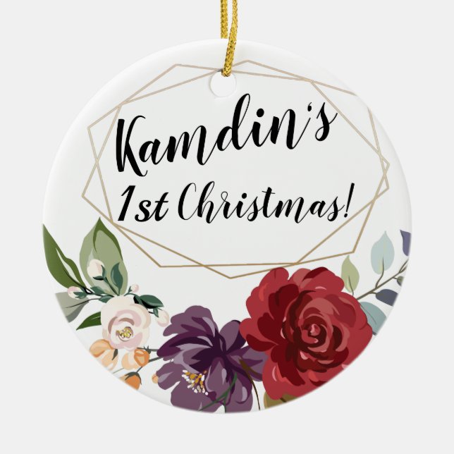 Ornamento De Cerâmica Dourada geométrica  das rosas brancas personalizad (Frente)