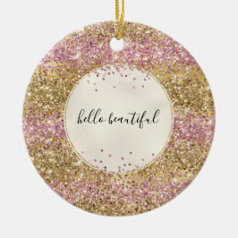 Ornamento De Cerâmica Dourada Glitter de Confetti Rosa Personalizada