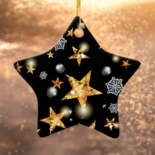 Ornamento De Cerâmica Douradas estrelas de metal preto modernas Feliz Na