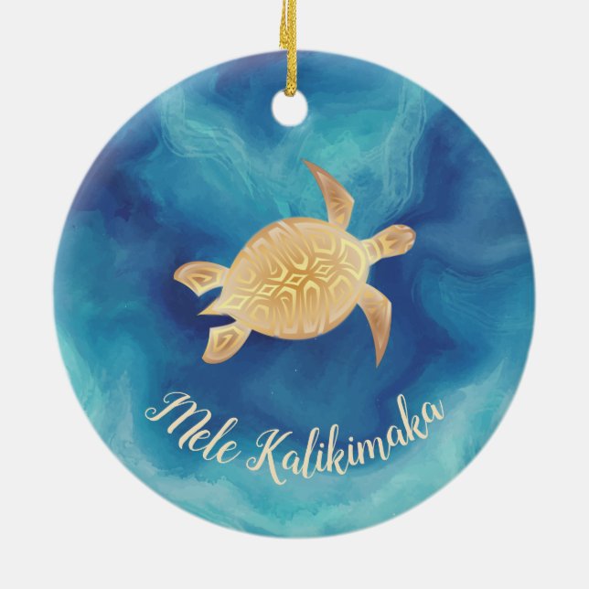 Ornamento De Cerâmica Douradas tartarugas Mele Kalikimaka Natal Havaiano (Traseira)