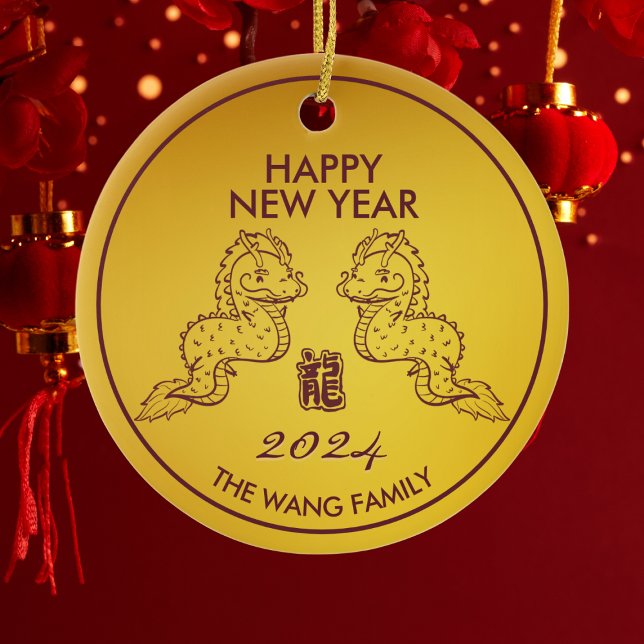 Ornamento De Cerâmica Dourado Ano Novo 2024 do Dragão Chinês (Send wishes for a prosperous Year of 2024 with our Dragon Wishes Ornament!)