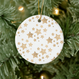 Ornamento De Cerâmica Dourado brilho branco de Natal nas Estrelas