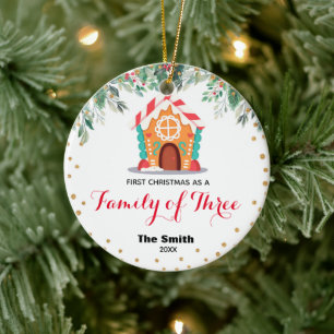 Ornamento De Cerâmica Dourado brilho Primeiro Natal como Família dos Tr