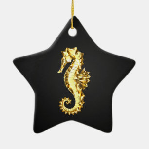 Ornamento De Cerâmica Dourado Cavalo de Mar Poligonal