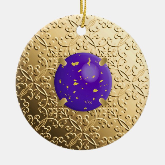 Ornamento De Cerâmica Dourado Damask com falso lapis lazuli gemstone (Frente)
