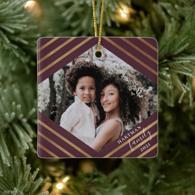 Ornamento De Cerâmica Dourado Diamond Stripes Burgundy 2 Foto Natal (Árvore)