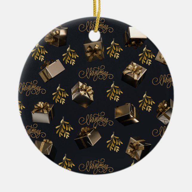 Ornamento De Cerâmica Dourado Elegante E Preto Feliz Natal (Frente)