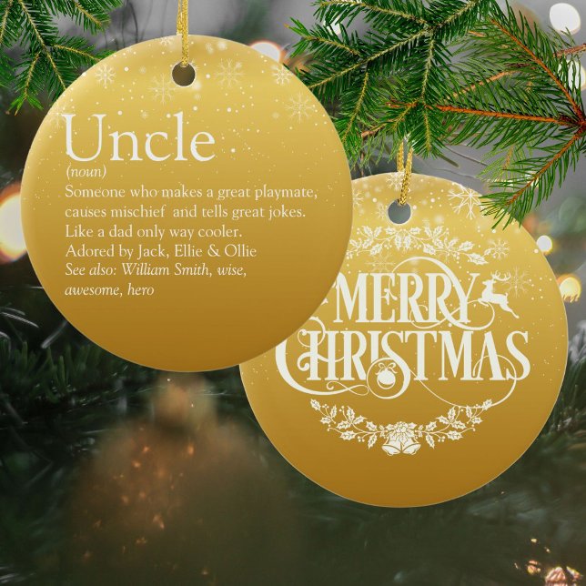 Ornamento De Cerâmica Dourado Feliz Natal Tio Funcle Definição (Gold Merry Christmas Uncle Funcle Definition Ceramic Ornament)