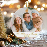 Ornamento De Cerâmica Dourado Natal de Fotos Laterais do Script 2 Elegan<br><div class="desc">Ornamento Dourado e branco da família Elegante de Na moda - 2 fotos,  frente e verso. Dourado Script.</div>
