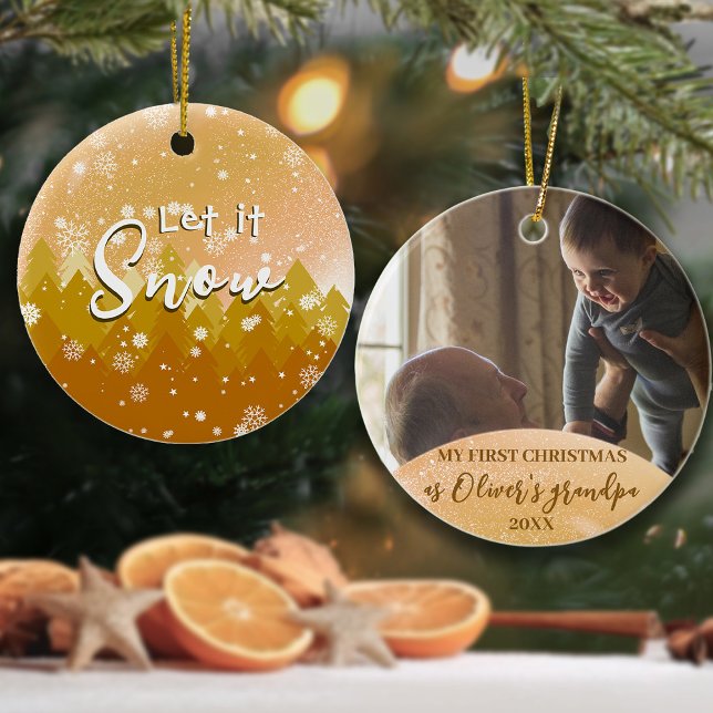 Ornamento De Cerâmica Dourado Natal Deixe Neve Foto do Vovô Novo (Criador carregado)