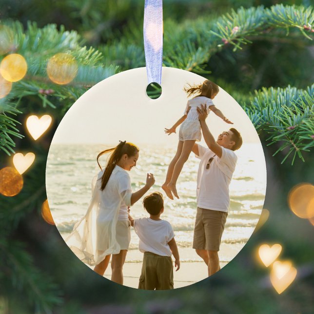 Ornamento De Cerâmica Dourado Script Feliz Foto de Natal Personalizada (Simple photo gold calligraphy script photo ornament. )