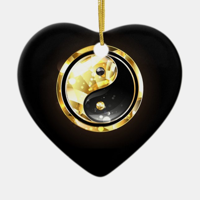 Ornamento De Cerâmica Dourado Yin Yang a preto (Frente)
