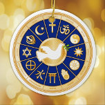 Ornamento De Cerâmica Dove of Peace Ornament<br><div class="desc">Ícones Dourados de mundial religiosos mandala rodeiam a Dove of Peace, um símbolo internacional de harmonia. Personalize com o seu texto. O mandala destaca doze religiões que expressam a diversidade global das crenças espirituais: Baha’i, budismo, cristianismo, confucionismo, hindu, islamismo, jain, judaísmo, nativa espiritual Medicine Wheel, Shinto, Sikh, Taoísmo. Celebre a...</div>