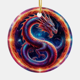 Ornamento De Cerâmica Dragão Cósmico Ardente Cercado por um Anel Celesti