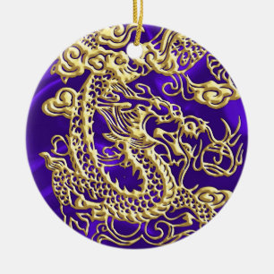 Ornamento De Cerâmica Dragão Dourado com relevo no Impressão de Satin Ro