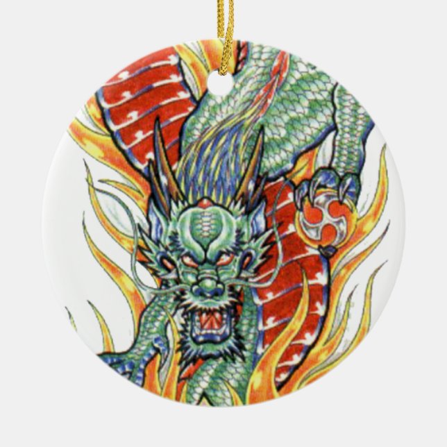 Ornamento De Cerâmica Dragão japonês e Flor de Lotus (Frente)