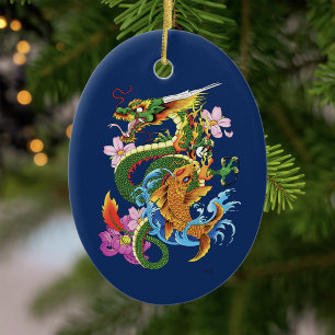Ornamento De Cerâmica Dragão Japonês Koi Lótus Mitológico Asiático Azul