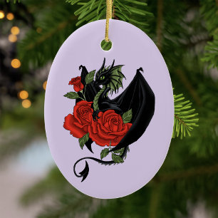 Ornamento De Cerâmica Dragão Preto Místico Rosas Vermelhas Lavanda Gótic