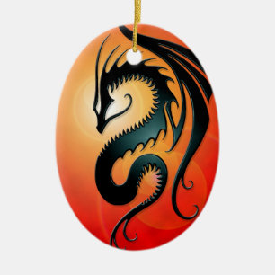 Ornamento De Cerâmica Dragão tribal preto, vermelho