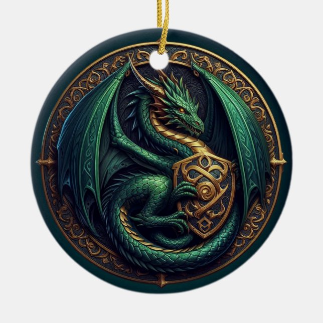 Ornamento De Cerâmica Dragão Verde com Blindagem (Frente)