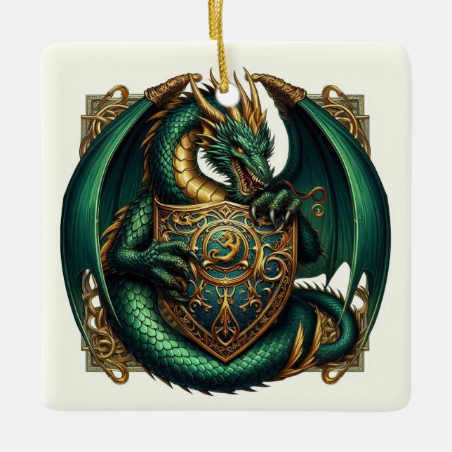 Ornamento De Cerâmica Dragão Verde com Escudo Dragão (Frente)