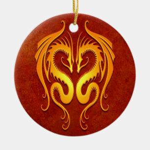 Ornamento De Cerâmica Dragões tribais, vermelho e amarelo