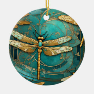 Ornamento De Cerâmica Dragonfly Art Nouveau Art Deco Teal & Dourados Ins