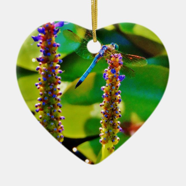 Ornamento De Cerâmica Dragonfly azul e flores (Frente)