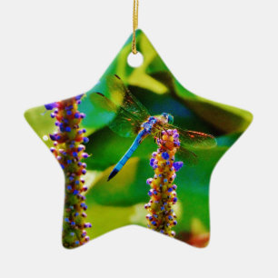 Ornamento De Cerâmica Dragonfly azul e flores