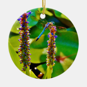 Ornamento De Cerâmica Dragonfly azul e flores