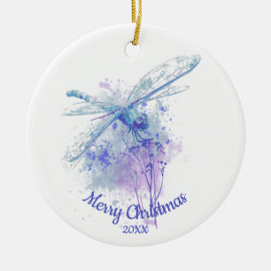 Ornamento De Cerâmica Dragonfly Watercolor Art Ce, com data de natal per