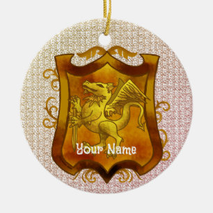 Ornamento De Cerâmica Dragons Shield Brasão de Família Sobrenome