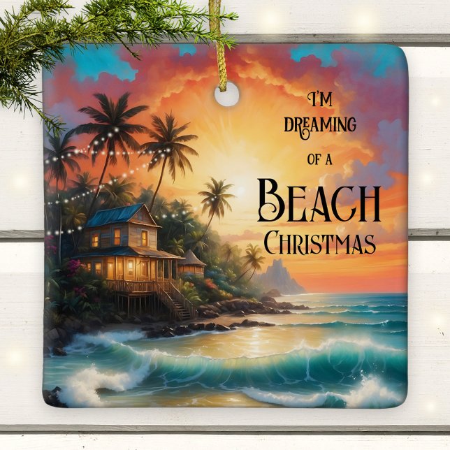 Ornamento De Cerâmica Dreaming of a Tropical Beach Christmas Ornament (Colorful Christmas ornament featuring a painting of a house on a tropical beach)