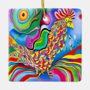 Ornamento De Cerâmica "Dreamscape Bird". Um cockerel surreal de abstrato