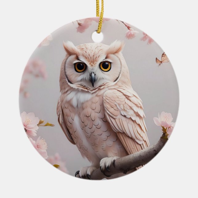 Ornamento De Cerâmica Dreamy Pink Cherry Blossoms Owl (Frente)
