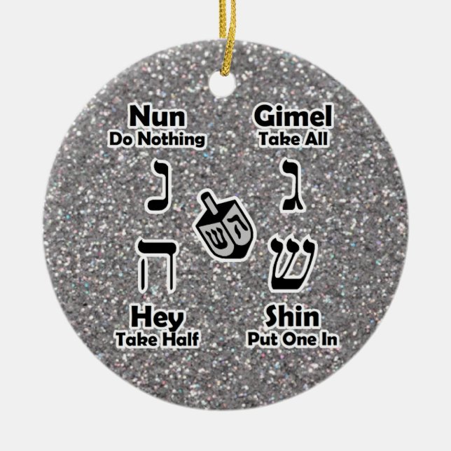 Ornamento De Cerâmica Dreidel Instruções Feliz Hanukkah Silver Glitter (Frente)