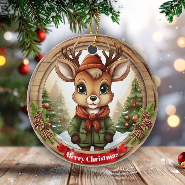 Ornamento De Cerâmica Dressed Whimsical Reindeer Fun Holiday Season 🦌🎄 (Customizable Text Whimsical Reindeer Holiday Season Personalizable Rustic Xmas Pine Wood Decor 🦌🎄)